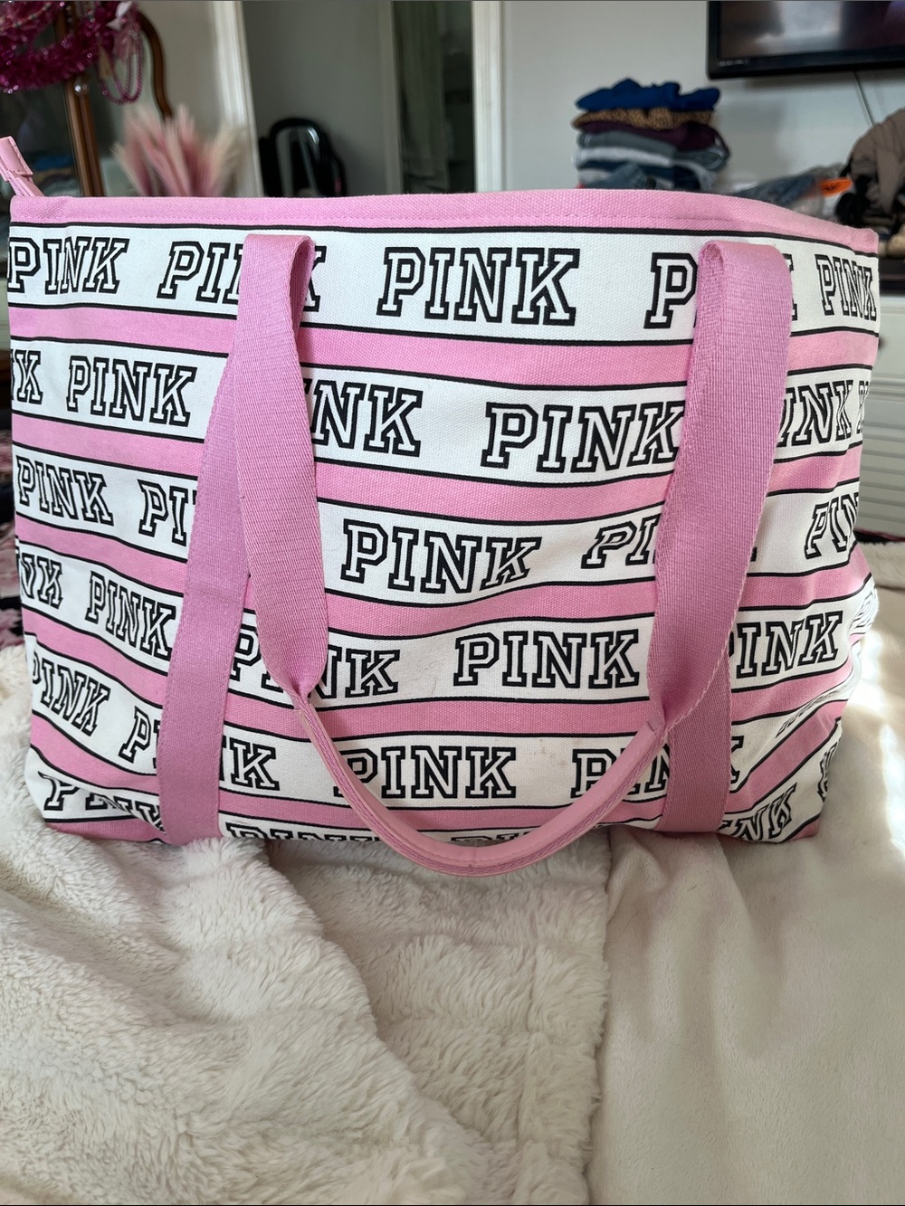PINK Victoria's Secret Pink & White Logo Stripe Canvas Tote